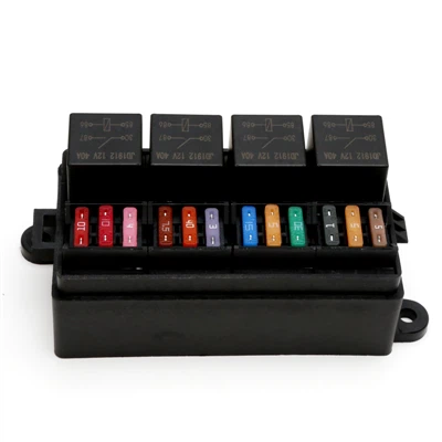 Blwch Cyfnewid Ffiws 12V Gyda 4 pcs 4 Pin Relay a 12 pcs ATC/ATO Blade Fuses